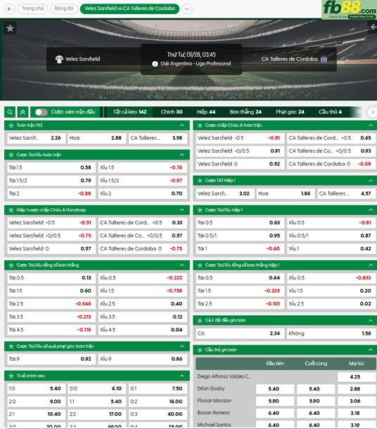 fb88 ty le tran dau Velez Sarsfield vs Talleres Cordoba 28 01 2026